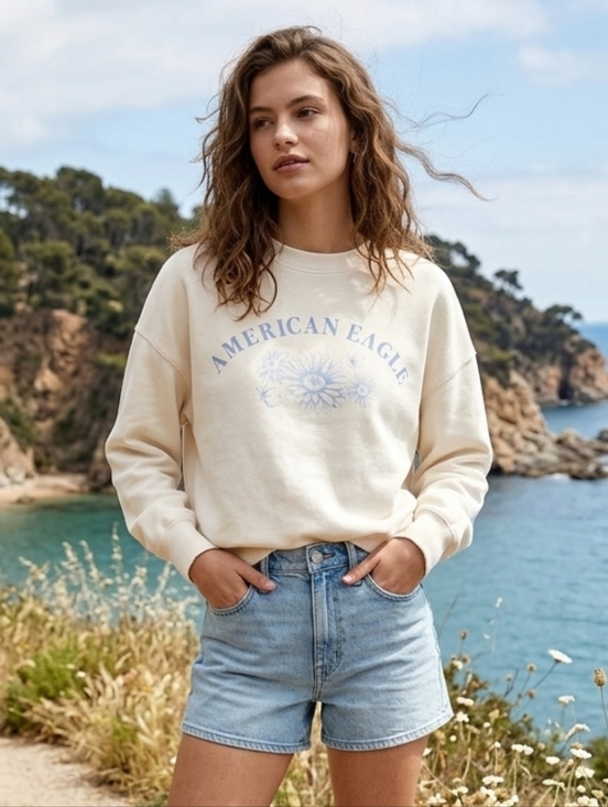 American Eagle Outfitters Sweaters - American Eagle Women's Neutral Feminine Cream Floral Crewneck Sweater Size Small